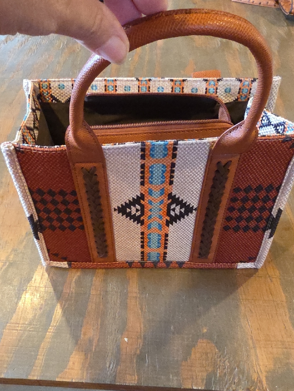 Southwestern-Patterned Structured Shoulder Bag in Brown, Cream & Turquoise